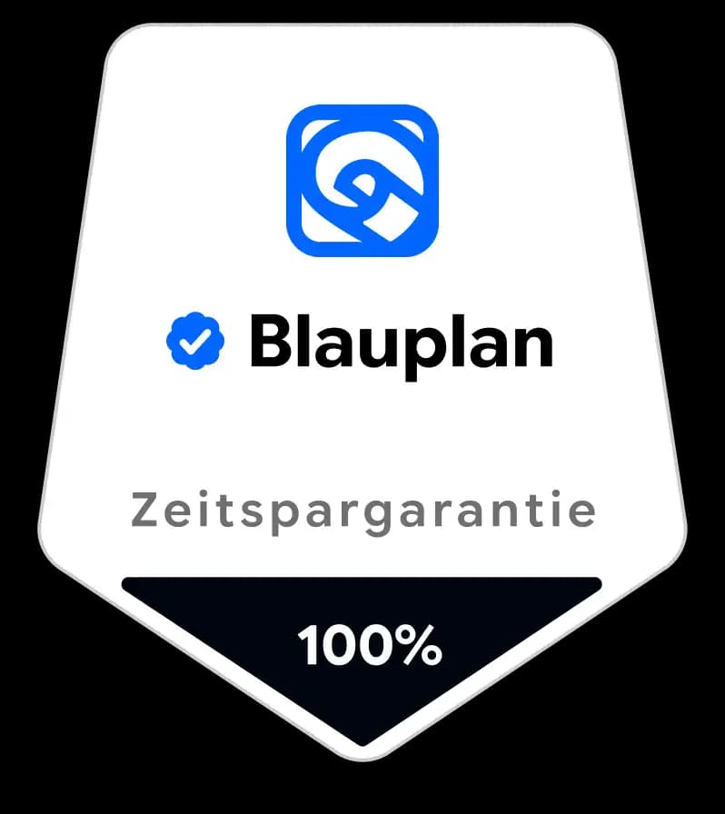 Blauplan 100% Zeitspargarantie Badge